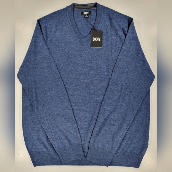 NEW DKNY Men's XL V-Neck Sweater Dark Blue Merino Wool Blend Pullover NWT